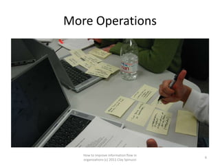 More Operations




   How to improve information flow in
                                          6
   organizations (c) 2011 Clay Spinuzzi
 
