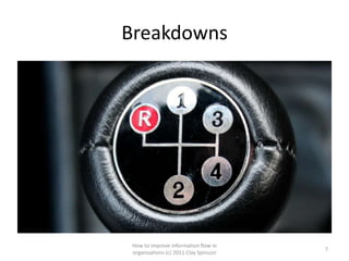 Breakdowns




 How to improve information flow in
                                        7
 organizations (c) 2011 Clay Spinuzzi
 