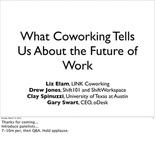 What Coworking Tells
                  Us About the Future of
                         Work
                               Liz Elam, LINK Coworking
                         Drew Jones, Shift101 and ShiftWorkspace
                         Clay Spinuzzi, University of Texas at Austin
                                Gary Swart, CEO, oDesk

Sunday, March 14, 2010                                                  1

Thanks for coming...
Introduce panelists...
7-10m per, then Q&A. Hold applause.
 