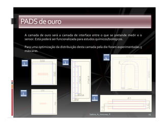 PADS de ouro
    A camada de ouro será a camada de interface entre o que se pretende medir e o
    sensor. Está poderá ser funcionalizada para estudos químicos/biológicos.

    Para uma optimização da distribuição desta camada pela die foram experimentadas 5
    máscaras.

                                                                4
1                              3




2
                                                    5



                                                Sabino, A.; Antunes, P.                 19
 