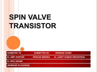 SPIN VALVE 
TRANSISTOR 
SUBMITED TO SUBMITTED BY SEMINAR GUIDE 
Er. AMIT KATIYAR EESHAN MISHRA Er. AJEET KUMAR SRIVASTAVA 
Er. ROLI NIGAM 
(SEMINAR IN CHARGE) 
 