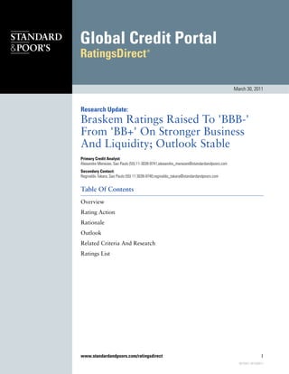 March 30, 2011



Research Update:
Braskem Ratings Raised To 'BBB-'
From 'BB+' On Stronger Business
And Liquidity; Outlook Stable
Primary Credit Analyst:
Alexandre Menezes, Sao Paulo (55) 11-3039-9741;alexandre_menezes@standardandpoors.com
Secondary Contact:
Reginaldo Takara, Sao Paulo (55) 11 3039-9740;reginaldo_takara@standardandpoors.com


Table Of Contents
Overview
Rating Action
Rationale
Outlook
Related Criteria And Research
Ratings List




www.standardandpoors.com/ratingsdirect                                                                    1
                                                                                          857594 | 301540011
 