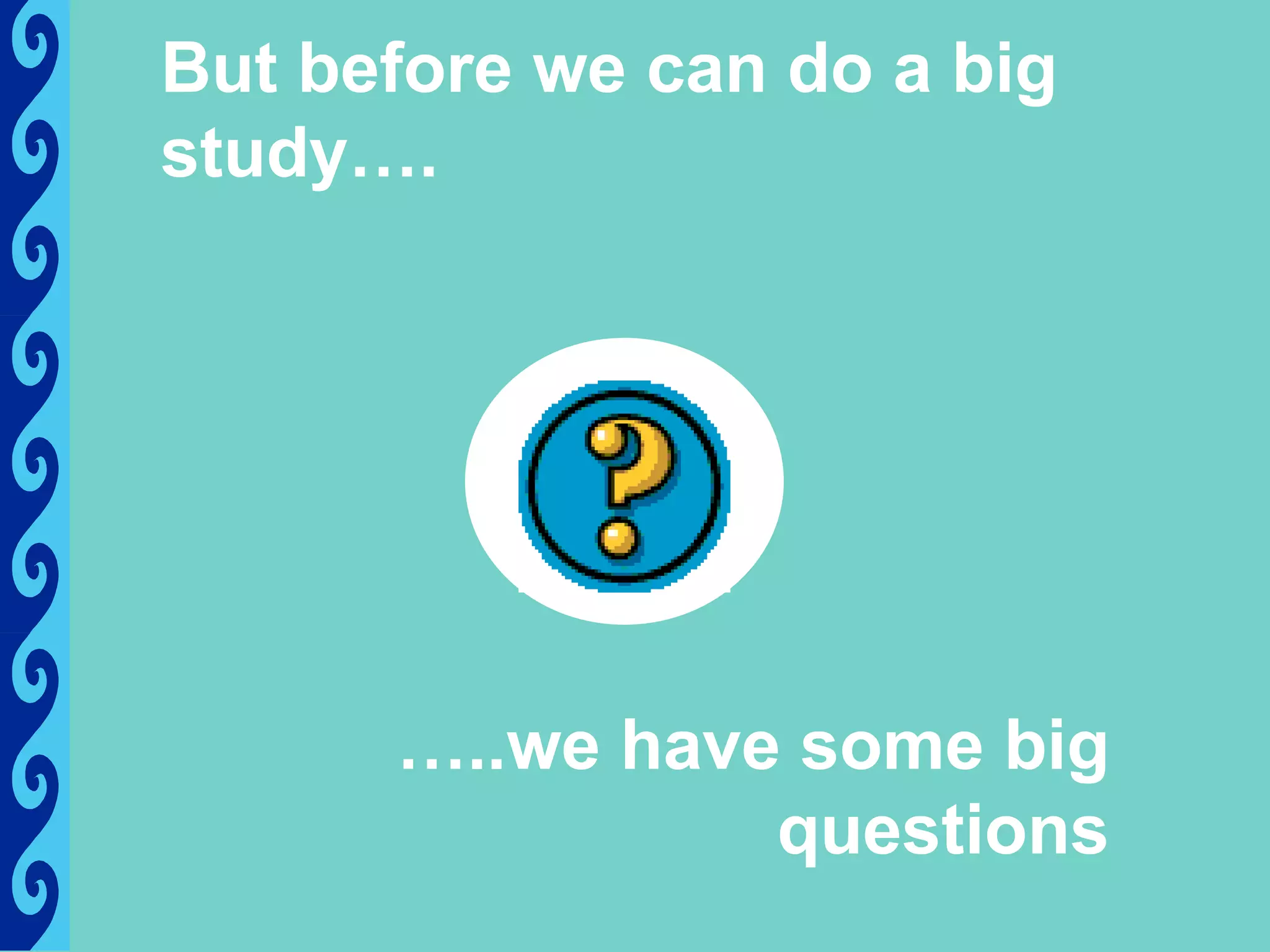 But before we can do a big
study….




      …..we have some big
                questions
 