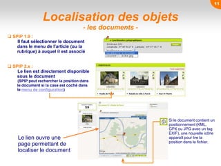  SPIP 1.9 :
Il faut sélectionner le document
dans le menu de l’article (ou la
rubrique) à auquel il est associé
 SPIP 2.x :
Le lien est directement disponible
sous le document
(SPIP peut rechercher la position dans
le document si la case est coché dans
le menu de configuration)
Localisation des objets
- les documents -
Le lien ouvre une
page permettant de
localiser le document
Si le document contient un
positionnement (KML,
GPX ou JPG avec un tag
EXIF), une nouvelle icône
apparaît pour lire la
position dans le fichier.
11
 