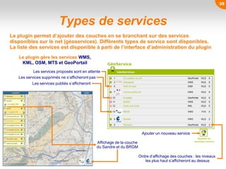 Types de services
Le plugin permet d’ajouter des couches en se branchant sur des services
disponibles sur le net (géoservices). Différents types de service sont disponibles.
La liste des services est disponible à parti de l’interface d’administration du plugin
Ordre d’affichage des couches : les niveaux
les plus haut s’afficheront au dessus
Ajouter un nouveau service
Les services supprimés ne s’afficheront pas
Les services proposés sont en attente
Les services publiés s’afficheront
Le plugin gère les services WMS,
KML, OSM, MTS et GeoPortail
Affichage de la couche
du Sandre et du BRGM
35
 