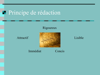 Principe de rédaction
Attractif
Rigoureux
Immédiat
Lisible
Concis
 