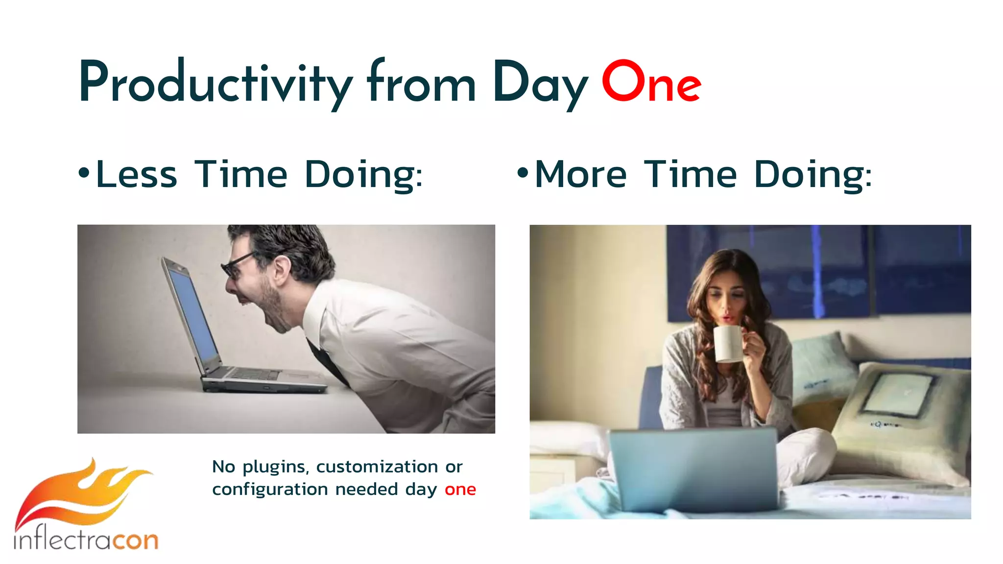 Productivity from Day One
•Less Time Doing: •More Time Doing:
No plugins, customization or
configuration needed day one
 
