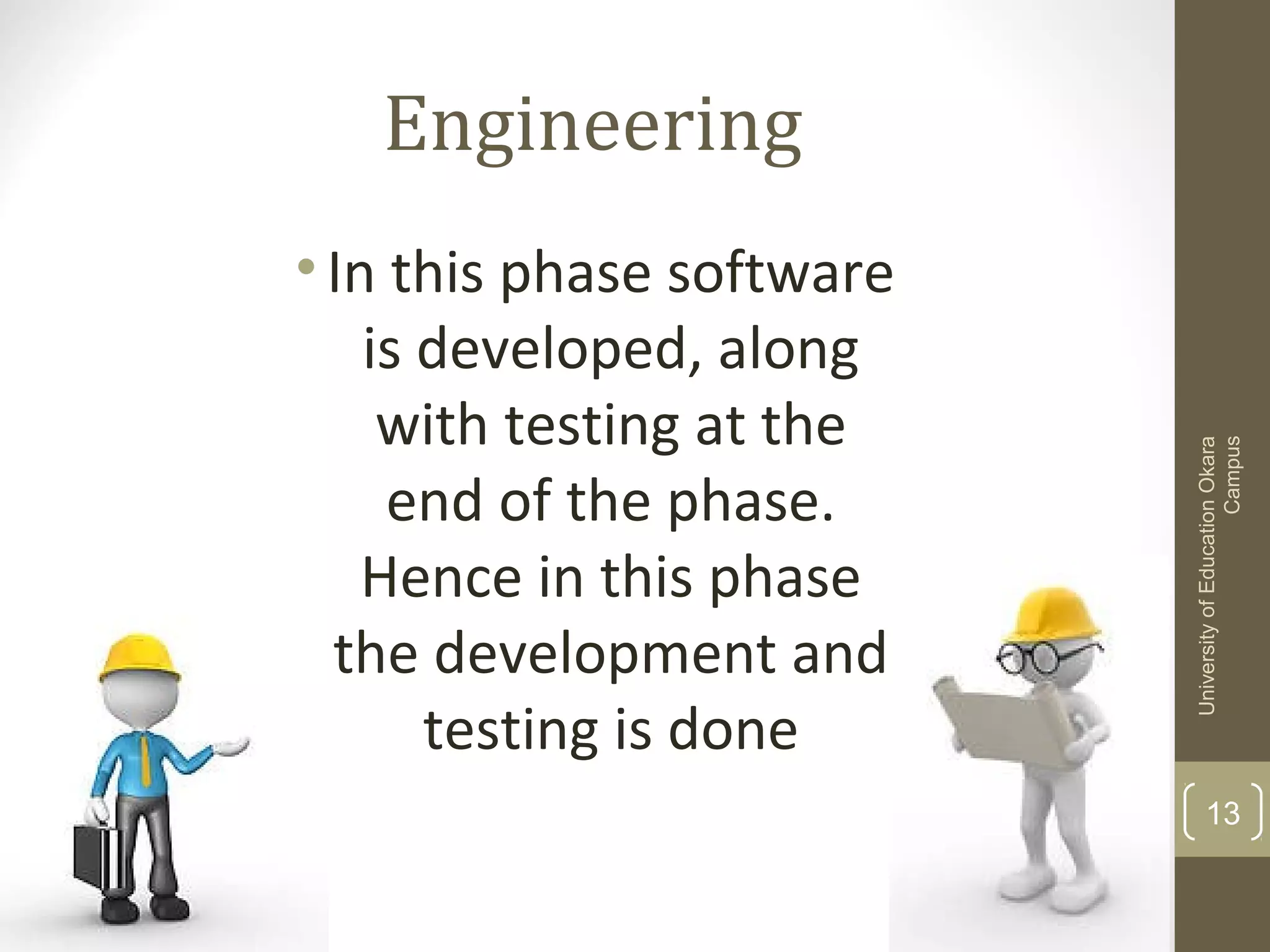 Engineering
•In this phase software
is developed, along
with testing at the
end of the phase.
Hence in this phase
the development and
testing is done
13
UniversityofEducationOkara
Campus
 