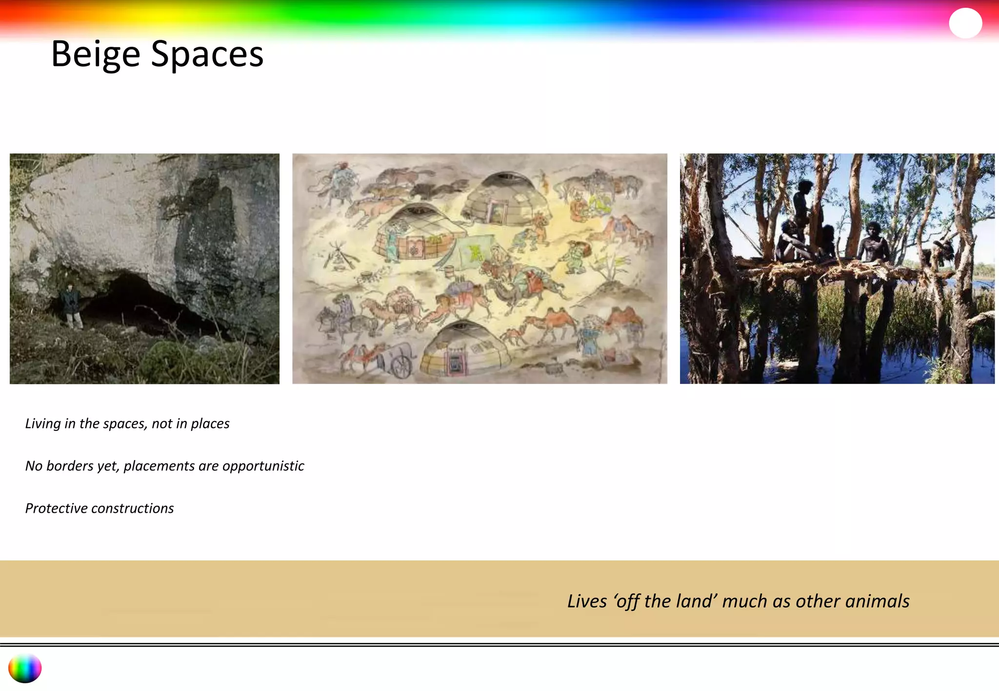 Beige Spaces 
Living in the spaces, not in places 
No borders yet, placements are opportunistic 
Protective constructions 
Lives ‘off the land’ much as other animals 
 