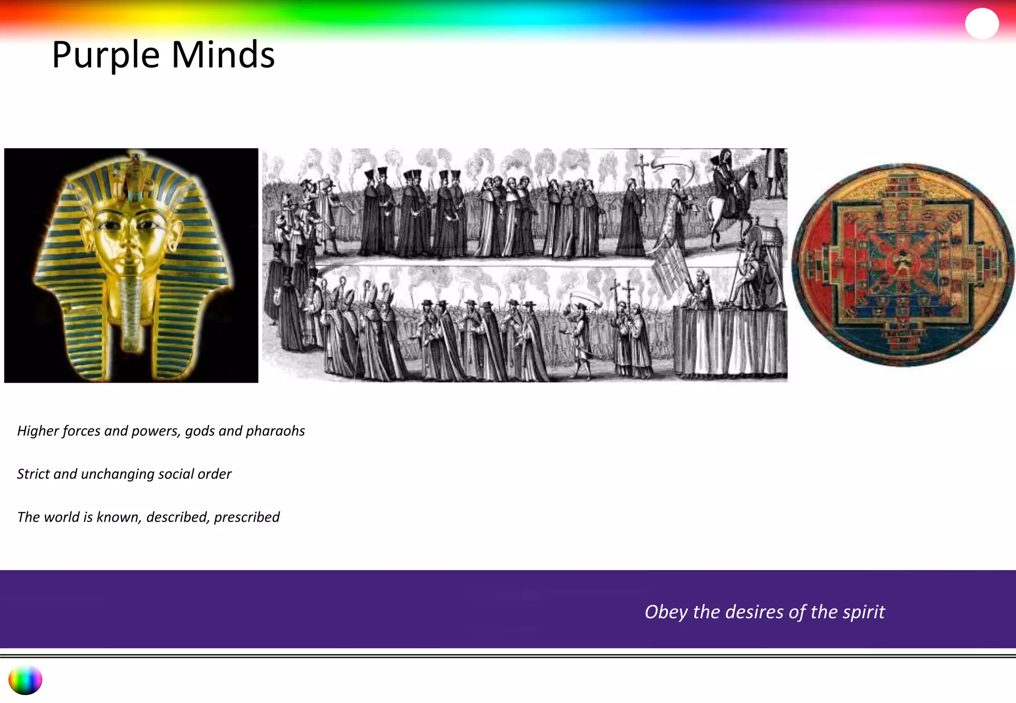 Purple Minds 
Higher forces and powers, gods and pharaohs 
Strict and unchanging social order 
The world is known, described, prescribed 
Obey the desires of the spirit 
 