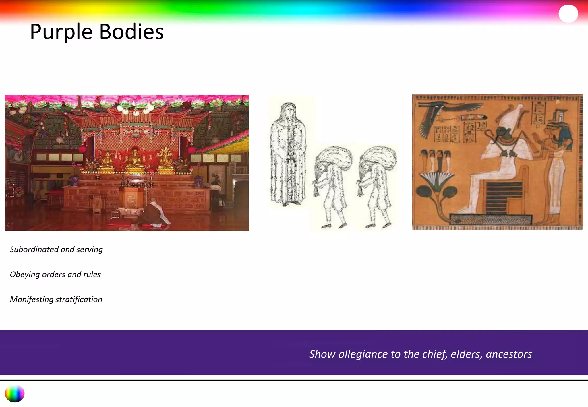 Purple Bodies 
Show allegiance to the chief, elders, ancestors 
Subordinated and serving 
Obeying orders and rules 
Manifesting stratification 
 