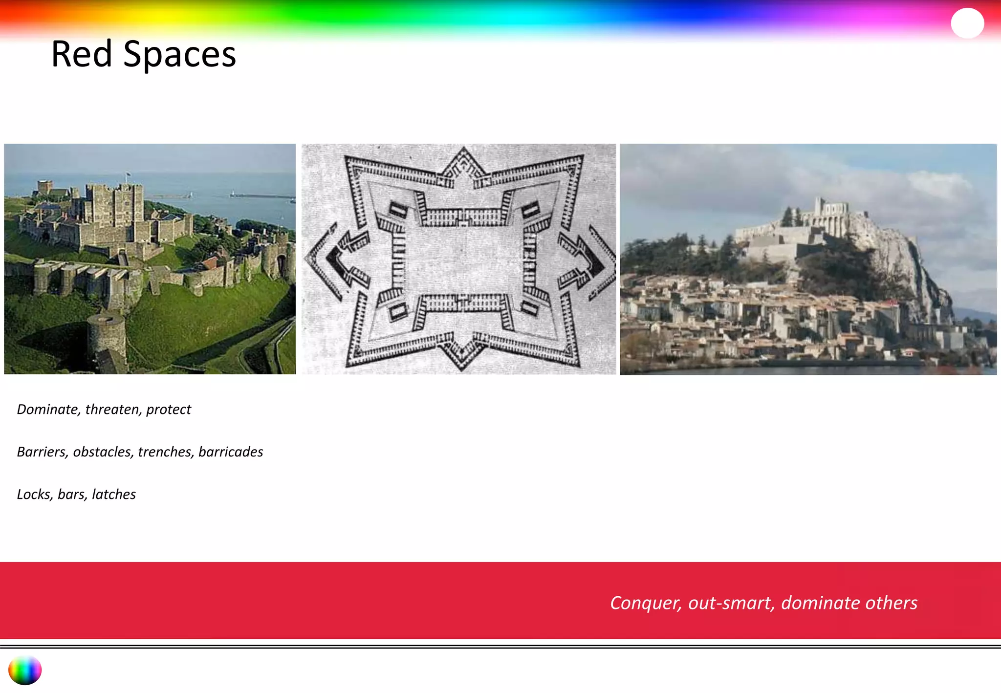 Red Spaces 
Conquer, out-smart, dominate others 
Dominate, threaten, protect 
Barriers, obstacles, trenches, barricades 
Locks, bars, latches 
 