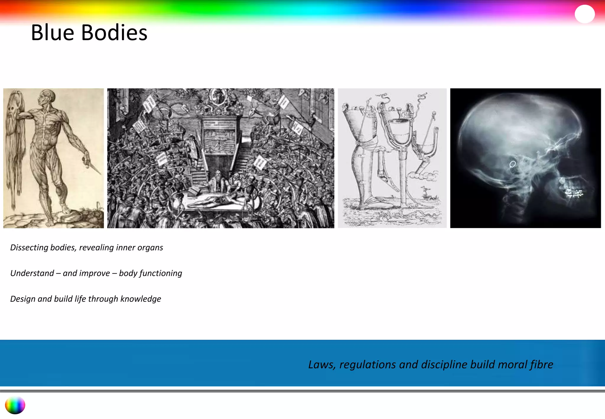 Blue Bodies 
Laws, regulations and discipline build moral fibre 
Dissecting bodies, revealing inner organs 
Understand – and improve – body functioning 
Design and build life through knowledge 
 
