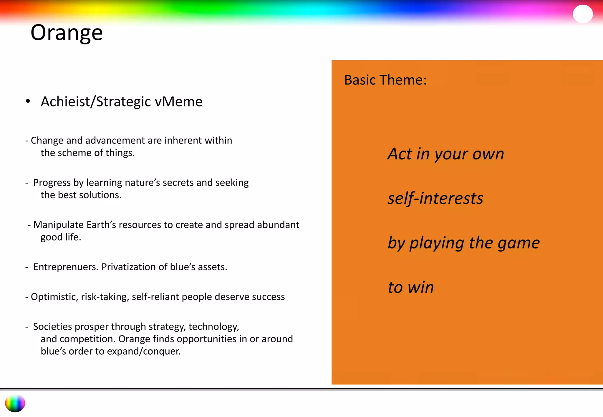 Orange 
• Achieist/Strategic vMeme 
- Change and advancement are inherent within 
the scheme of things. 
- Progress by learning nature’s secrets and seeking 
the best solutions. 
- Manipulate Earth’s resources to create and spread abundant 
good life. 
- Entreprenuers. Privatization of blue’s assets. 
- Optimistic, risk-taking, self-reliant people deserve success 
- Societies prosper through strategy, technology, 
and competition. Orange finds opportunities in or around 
blue’s order to expand/conquer. 
Basic Theme: 
Act in your own 
self-interests 
by playing the game 
to win 
 
