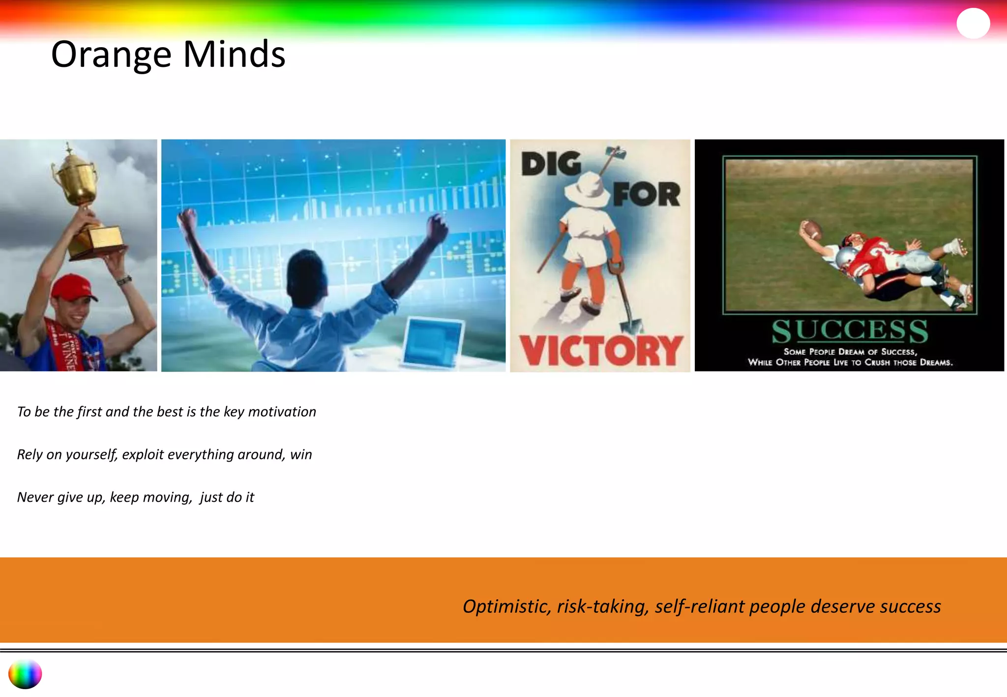 Orange Minds 
Optimistic, risk-taking, self-reliant people deserve success 
To be the first and the best is the key motivation 
Rely on yourself, exploit everything around, win 
Never give up, keep moving, just do it 
 