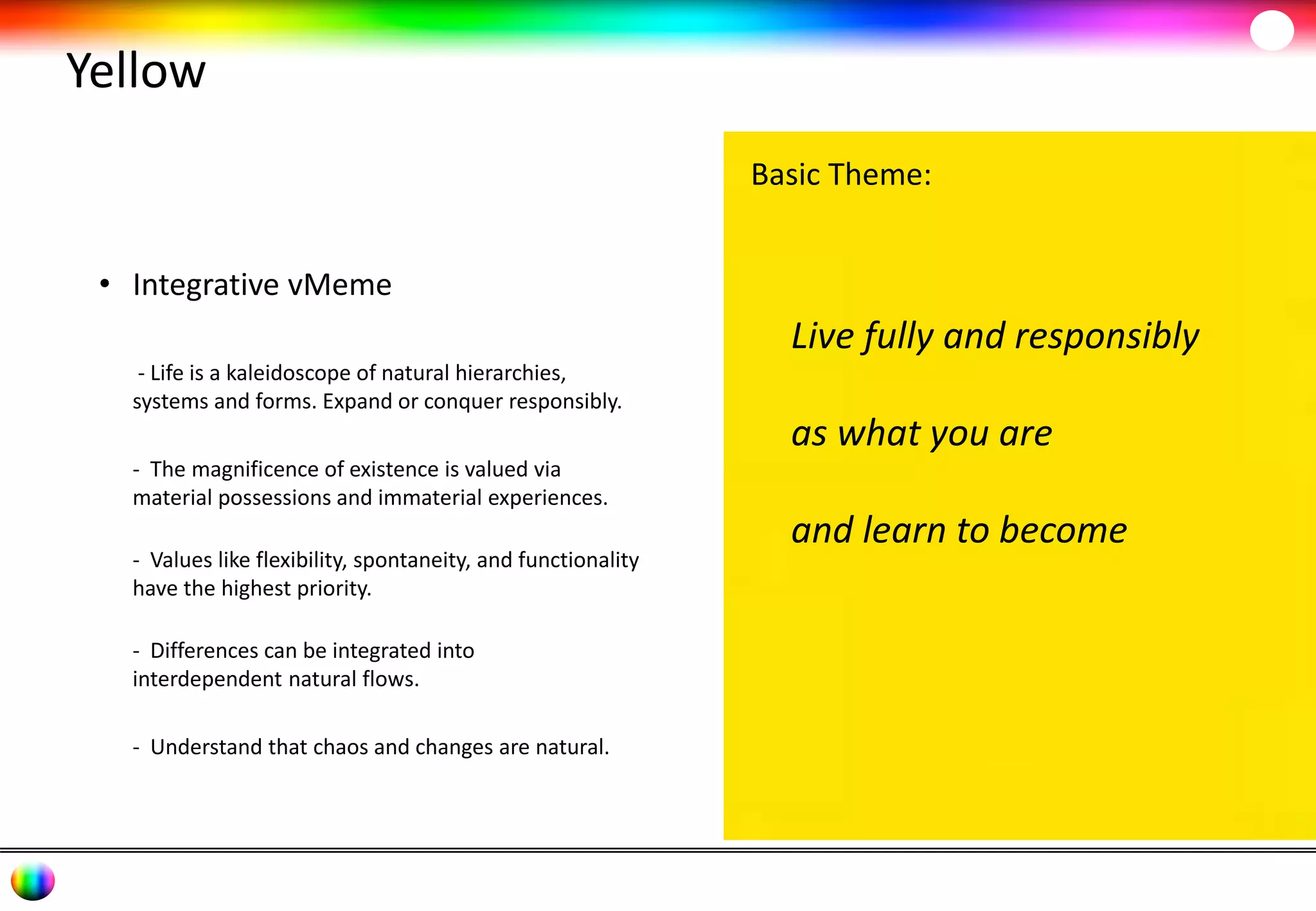 Yellow 
• Integrative vMeme 
- Life is a kaleidoscope of natural hierarchies, 
systems and forms. Expand or conquer responsibly. 
- The magnificence of existence is valued via 
material possessions and immaterial experiences. 
- Values like flexibility, spontaneity, and functionality 
have the highest priority. 
- Differences can be integrated into 
interdependent natural flows. 
- Understand that chaos and changes are natural. 
Basic Theme: 
Live fully and responsibly 
as what you are 
and learn to become 
 