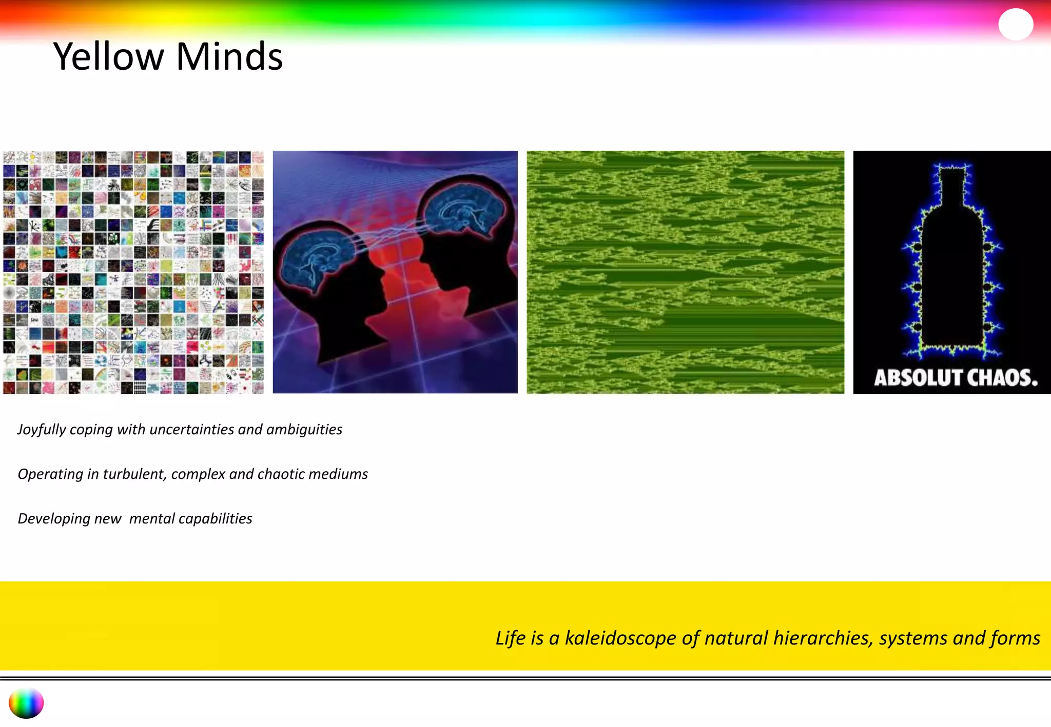 Yellow Minds 
Life is a kaleidoscope of natural hierarchies, systems and forms 
Joyfully coping with uncertainties and ambiguities 
Operating in turbulent, complex and chaotic mediums 
Developing new mental capabilities 
 