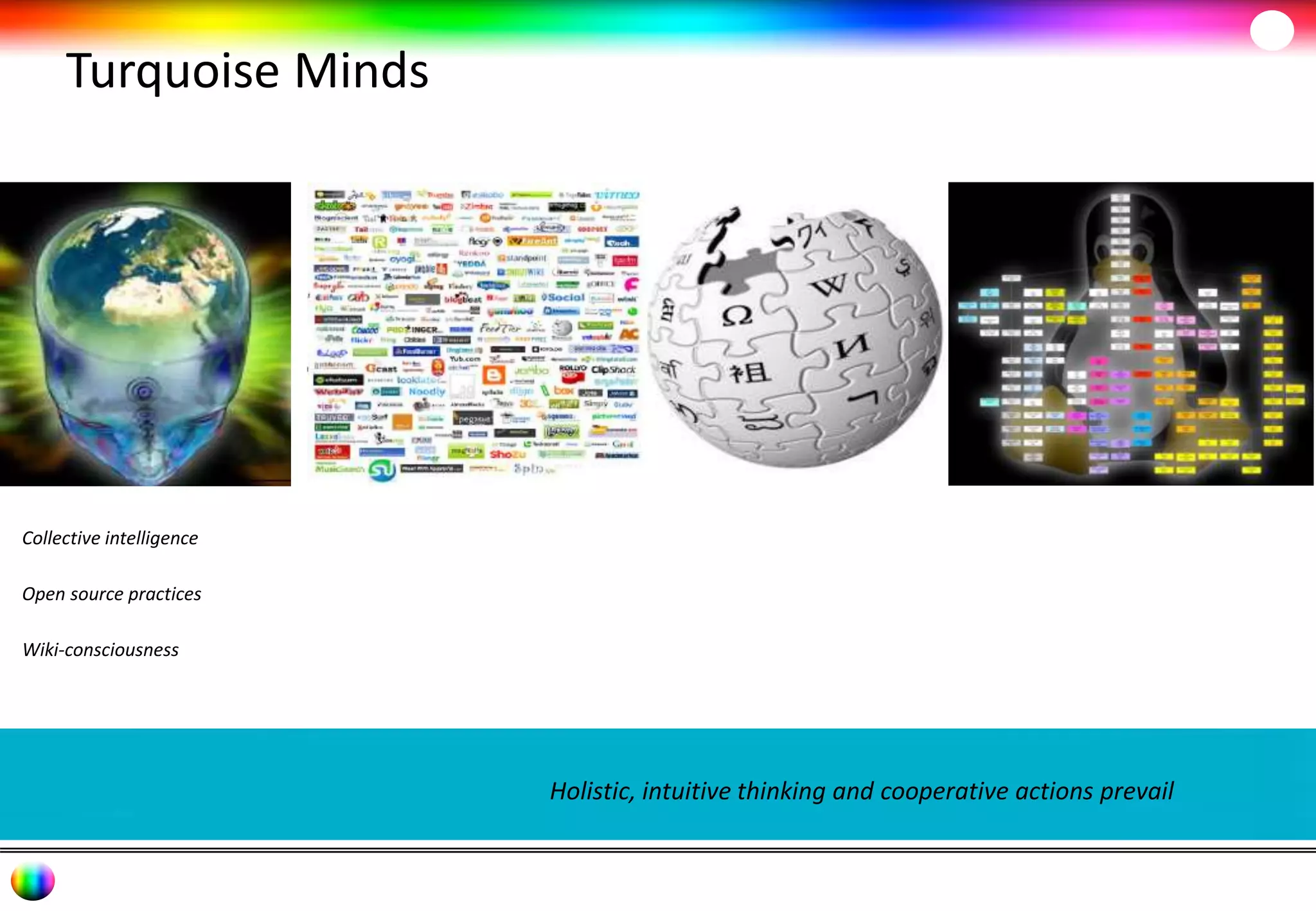 Turquoise Minds 
Holistic, intuitive thinking and cooperative actions prevail 
Collective intelligence 
Open source practices 
Wiki-consciousness 
 