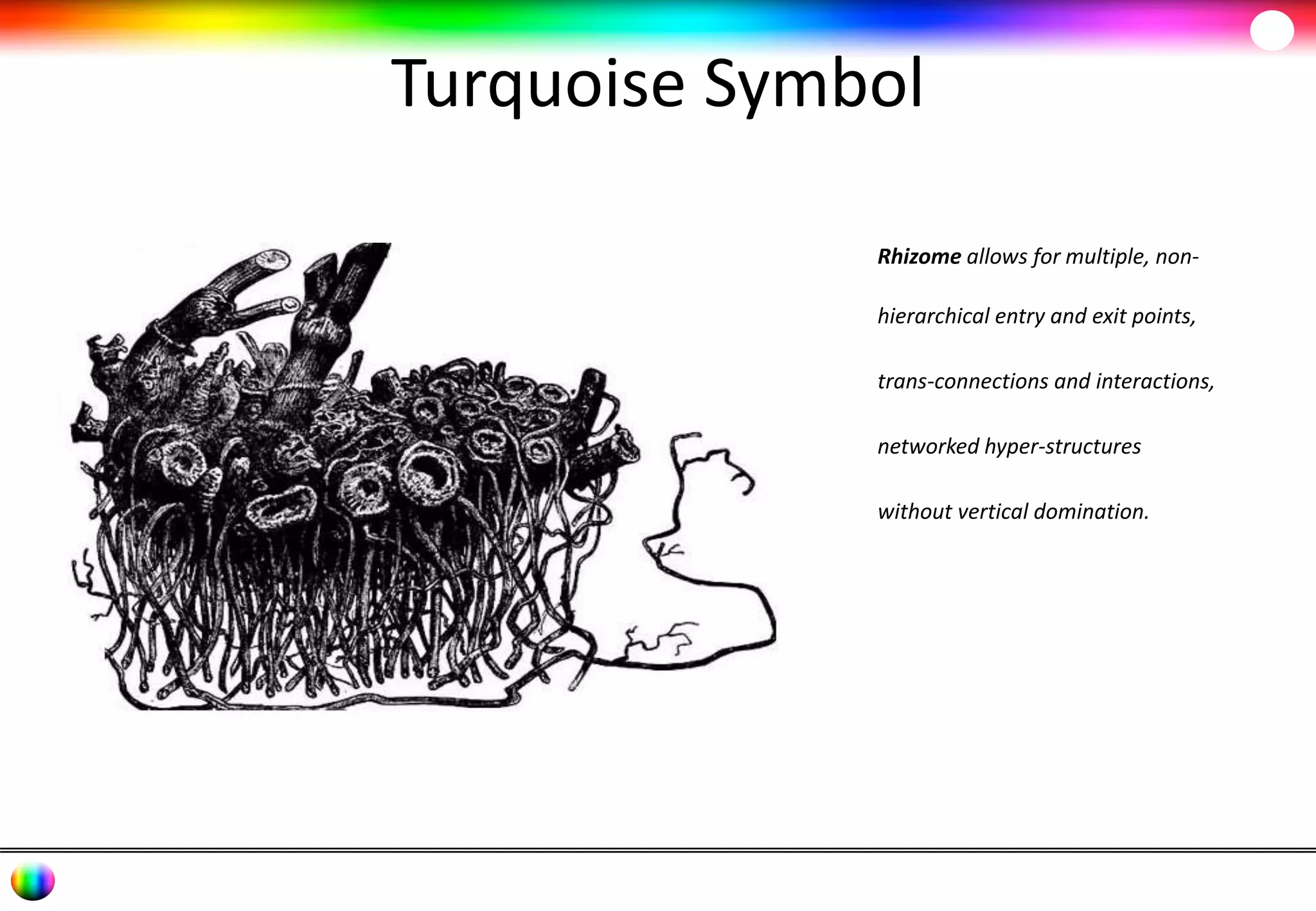 Turquoise Symbol 
Rhizome allows for multiple, non-hierarchical 
entry and exit points, 
trans-connections and interactions, 
networked hyper-structures 
without vertical domination. 
 