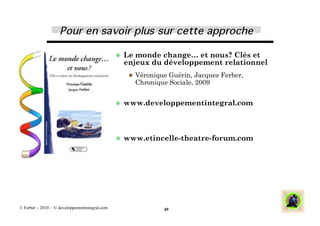   Lemonde change… et nous? Clés et
                                                   enjeux du développement relationnel
                                                      Véronique Guérin, Jacques Ferber,
                                                         Chronique Sociale, 2009


                                                   www.developpementintegral.com




                                                   www.etincelle-theatre-forum.com




J. Ferber – 2010 - © developpementintegral.com                   49
 