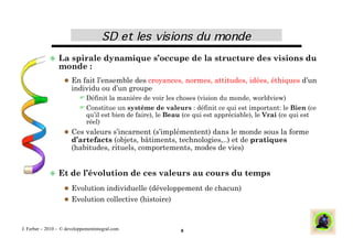   La spirale dynamique s’occupe de la structure des visions du
                 monde :
                      En fait l’ensemble des croyances, normes, attitudes, idées, éthiques d’un
                       individu ou d’un groupe
                            Définit la manière de voir les choses (vision du monde, worldview)
                            Constitue un système de valeurs : définit ce qui est important: le Bien (ce
                             qu’il est bien de faire), le Beau (ce qui est appréciable), le Vrai (ce qui est
                             réel)
                      Ces valeurs s’incarnent (s’implémentent) dans le monde sous la forme
                       d’artefacts (objets, bâtiments, technologies,..) et de pratiques
                       (habitudes, rituels, comportements, modes de vies)


               Et     de l’évolution de ces valeurs au cours du temps
                      Evolution individuelle (développement de chacun)
                      Evolution collective (histoire)



J. Ferber – 2010 - © developpementintegral.com               8
 