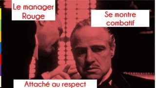 Le manager
Rouge Se montre
combatif
Attaché au respect
 