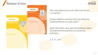 Bonjour à tous
Vous avez devant vous une carte issue du jeu
« La spirale »
En quoi adhérez-vous (ou non) à la valeur ou
l’identité décrite sur cette carte ?
Quels liens faites vous avez vos pratiques agiles
(Comportement quotidien ou ressources
sollicitée )
1, 2 , 4 …all ?
 