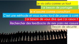 Besoin de sécurité
Rechercher des feedbacks de mes pairs me rassure
J’ai besoin de vous dire que j’ai raison !!
C’est une méthode et vous auriez tord de passer à coté
Je m’assume comme consultant
J’ai besoin de partager
Je vis cela comme un tout
 