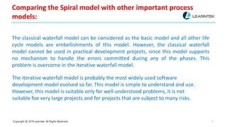 Copyright @ 2019 Learntek. All Rights Reserved. 11
Comparing the Spiral model with other important process
models:
The classical waterfall model can be considered as the basic model and all other life
cycle models are embellishments of this model. However, the classical waterfall
model cannot be used in practical development projects, since this model supports
no mechanism to handle the errors committed during any of the phases. This
problem is overcome in the iterative waterfall model.
The iterative waterfall model is probably the most widely used software
development model evolved so far. This model is simple to understand and use.
However, this model is suitable only for well-understood problems, it is not
suitable foe very large projects and for projects that are subject to many risks.
 