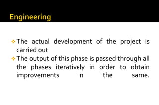 The actual development of the project is 
carried out 
The output of this phase is passed through all 
the phases iteratively in order to obtain 
improvements in the same. 
 