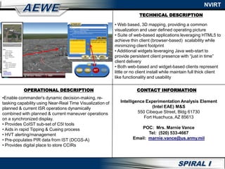 TECHNICAL DESCRIPTION
NVIRT
OPERATIONAL DESCRIPTION CONTACT INFORMATION
Intelligence Experimentation Analysis Element
(Intel EAE) M&S
550 Cibeque Street, Bldg 61730
Fort Huachuca, AZ 85613
POC: Mrs. Marnie Vance
Tel: (520) 533-4667
Email: marnie.vance@us.army.mil
•Enable commander's dynamic decision-making, re-
tasking capability using Near-Real Time Visualization of
planned & current ISR operations dynamically
combined with planned & current maneuver operations
on a synchronized display.
• Provides CoIST sub-set of C5I tools
• Aids in rapid Tipping & Cueing process
• HVT alerting/management
• Pre-populates PIR data from IST (DCGS-A)
• Provides digital place to store CCIRs
• Web based, 3D mapping, providing a common
visualization and user defined operating picture
• Suite of web-based applications leveraging HTML5 to
achieve thin client (browser-based) scalability while
minimizing client footprint
• Additional widgets leveraging Java web-start to
provide persistent client presence with “just in time”
client delivery
• Both web-based and widget-based clients represent
little or no client install while maintain full thick client
like functionality and usability
 