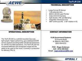 TECHNICAL DESCRIPTION
TacFLIR 230
OPERATIONAL DESCRIPTION
The TacFLIR 230 is a vehicle mounted, low-cost,
light-weight, higher performing, gyro-stabilized EO/IR
sensor payload providing better situational awareness
for vehicle mounted operations. The TacFLIR 230 has
increased detection and recognition range and the
ability to be used on the move. Currently in production
for delivery (TRL 9)
• Large Format IR Sensor
• 1.8X extender lens
• 852nm 30mW Laser Pointer
• Color CCD EO Camera
• Split Screen, PIP, and Blending
• Integrated Electronics box
• 360º continuous AZ, ± 80º rotation in EL
CONTACT INFORMATION
FLIR Government Systems
25 Esquire Road
N. Billerica, MA 01862
(800) 464-6372
POC: Roger Anderson
Cell: (912) 399-9341
Email: roger.anderson@flir.com
 