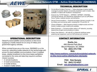 Global Network OTM – Active Distribution (GNOMAD)
• On-the-Move Ku-Band Terminal — Takes advantage of global satellite
coverage to provide network connectivity anywhere, even in motion. Also
available in X-Band with Ka-Band in development.
• Extends Any TCP/IP Network — SIPRNET, NIPRNET, CENTRIX,
commercial internet, and client/server applications such as C2PC/Blue-
Force Tracker, medical records, and biometrics.
• Secure Communications — Supports encryption devices currently in use
by military and commercial users, including KG-175 and KIV-19.
• Choice of Modem — Both frequency-division multiple access and time-
division multiple access modems are available.
• Radio Extension — Connects soldier radios to IP networks, providing
beyond-line-of-sight communications to radios.
• Power Over Ethernet — 48 volts DC on Ethernet interfaces eases
powering user equipment, such as VoIP phones and cameras.
Global Ku-band satellite communications on-the-move
supplying a mobile network for an array of military and
government agency vehicles.
When combat forces are on the move, GNOMAD is on the
move too, extending mobile networks to the tactical edge with
proven Ku-band satellite communications. Even in isolated
areas, reliable broadband on-the-move keeps warfighters
connected to the voice and data they require to achieve
mission success.
• In remote locations.
• In harsh environments.
• In hostile territory.
• It doesn’t matter where.
Exelis, Inc.
490 Wando Park Blvd
Mount Pleasant, SC 29464
Tel: (843) 375-1700
Web:
POC: Rob Semple
Tel: (843) 312-6227
Email: rob.semple@exelisinc.com
TECHNICAL DESCRIPTION
OPERATIONAL DESCRIPTION CONTACT INFORMATION
http://www.exelisinc.com/solutions/global-network-
on-the-move-active-distribution-domestic
 