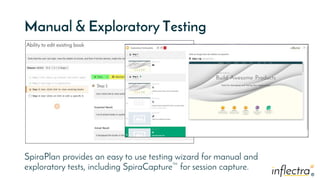 ®®
Manual & Exploratory Testing
SpiraPlan provides an easy to use testing wizard for manual and
exploratory tests, including SpiraCapture™ for session capture.
 