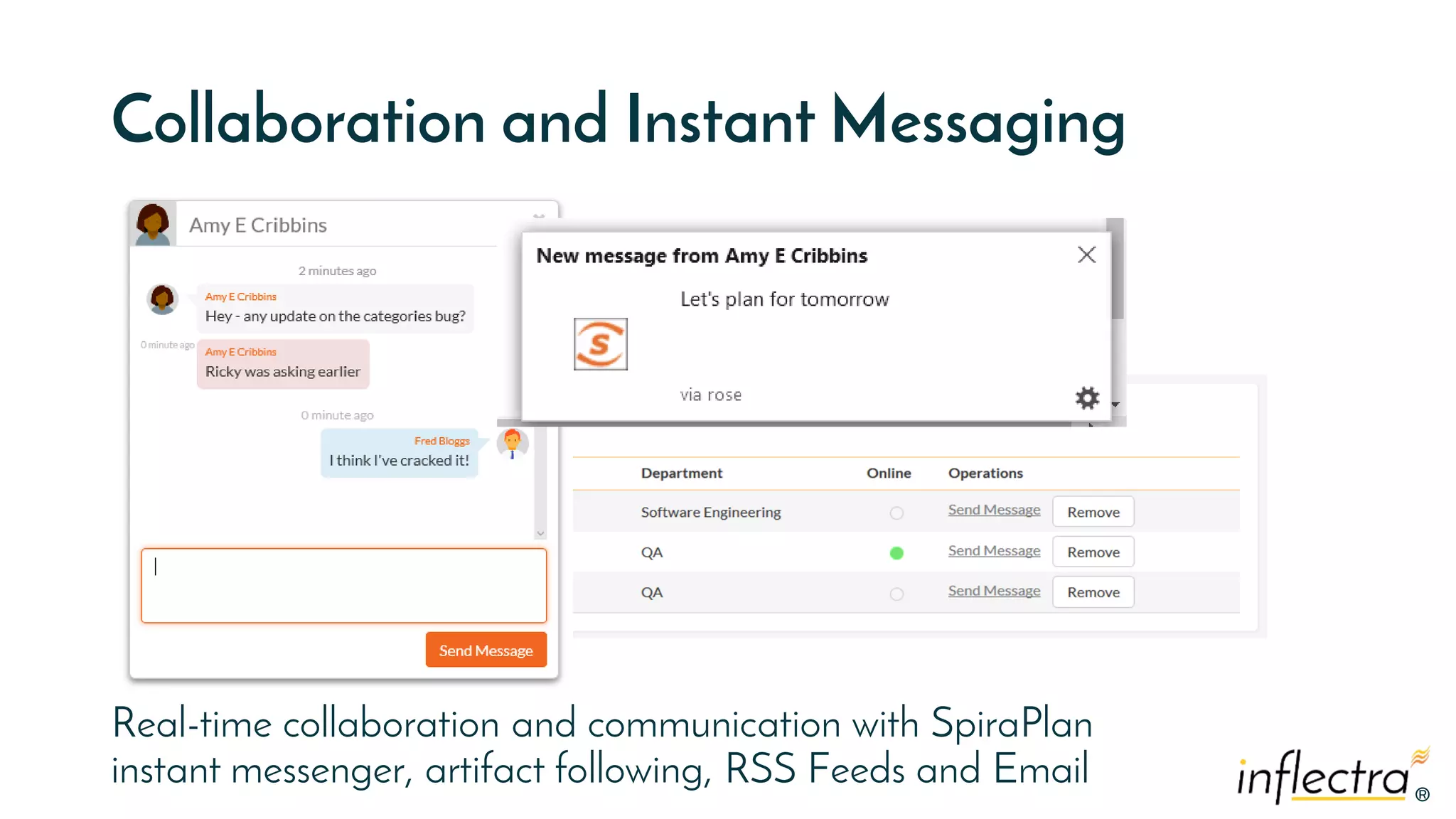 ®
®
Collaboration and Instant Messaging
Real-time collaboration and communication with SpiraPlan
instant messenger, artifact following, RSS Feeds and Email
 