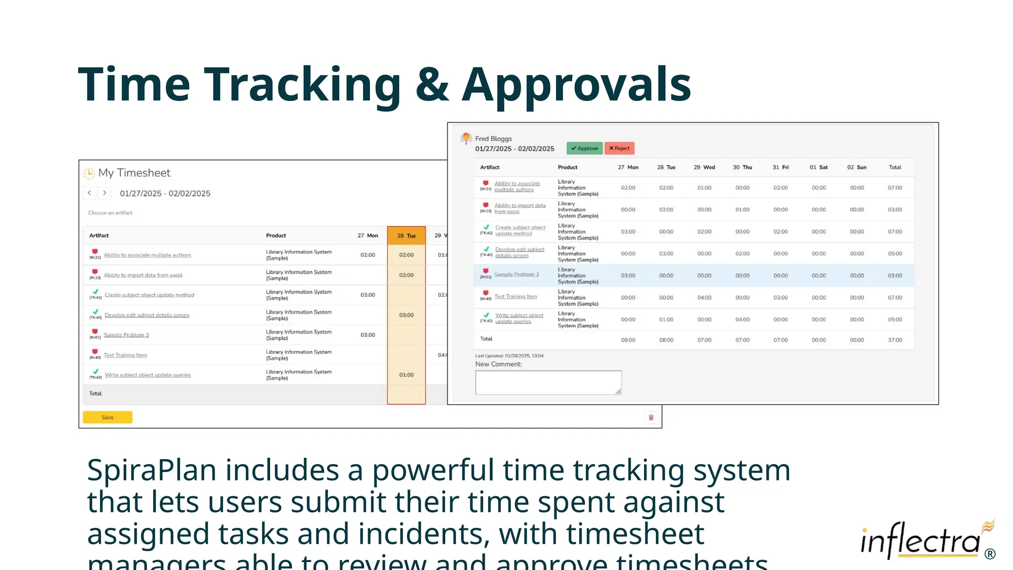 ®
®
Time Tracking & Approvals
SpiraPlan includes a powerful time tracking system
that lets users submit their time spent against
assigned tasks and incidents, with timesheet
 