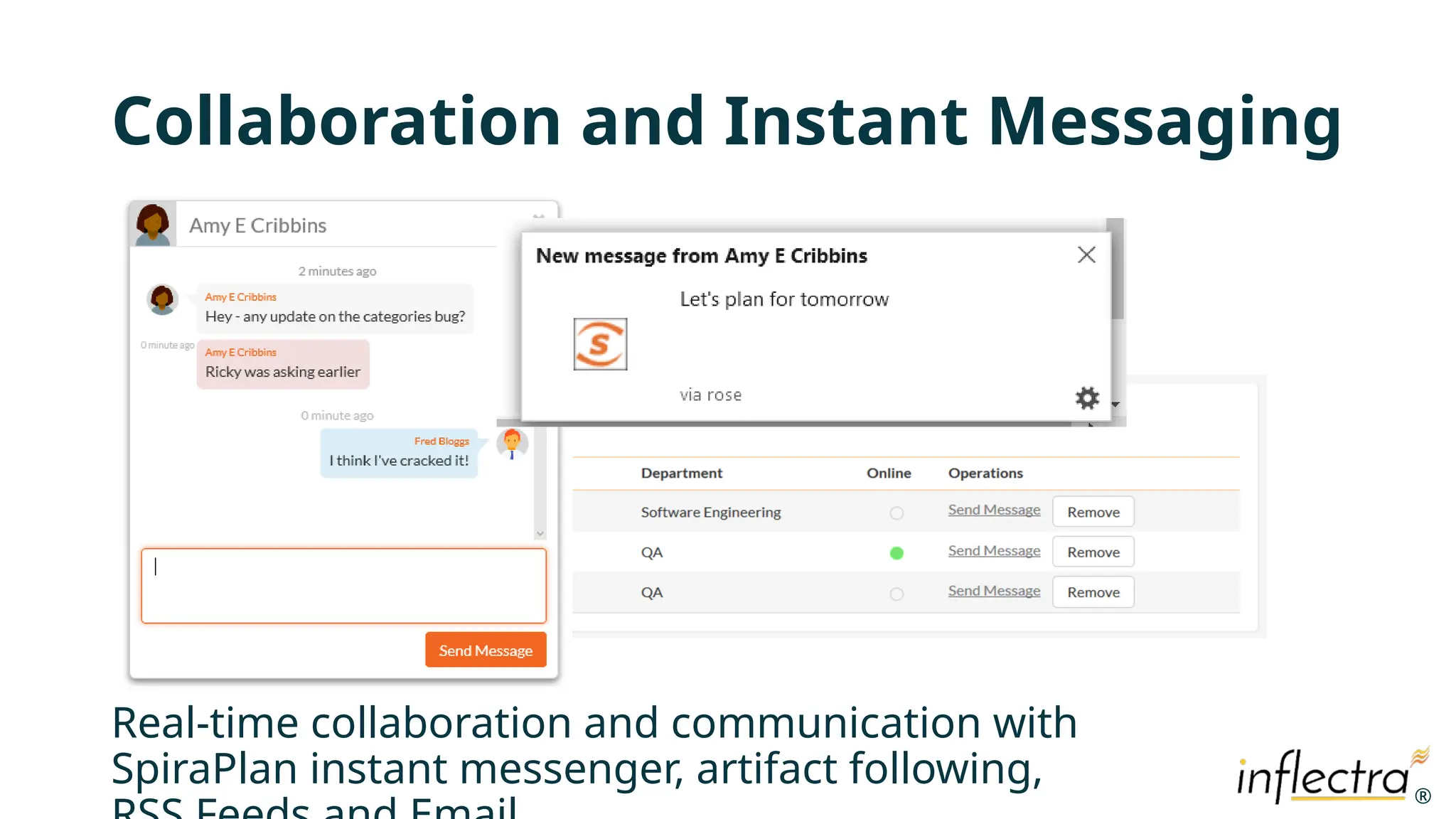 ®
®
Collaboration and Instant Messaging
Real-time collaboration and communication with
SpiraPlan instant messenger, artifact following,
 