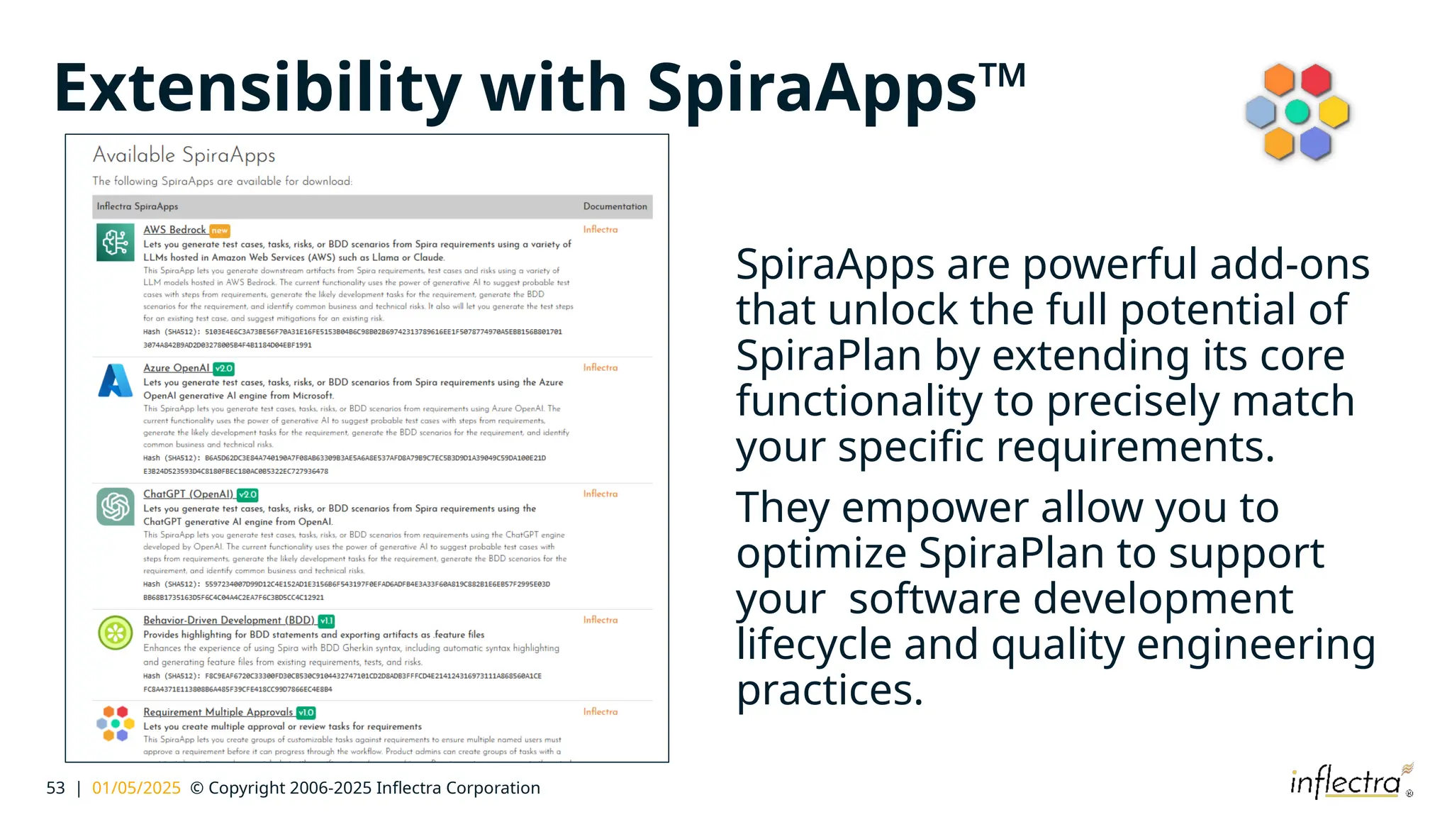 53 | 01/05/2025 © Copyright 2006-2025 Inflectra Corporation
Extensibility with SpiraApps™
SpiraApps are powerful add-ons
that unlock the full potential of
SpiraPlan by extending its core
functionality to precisely match
your specific requirements.
They empower allow you to
optimize SpiraPlan to support
your software development
lifecycle and quality engineering
practices.
 