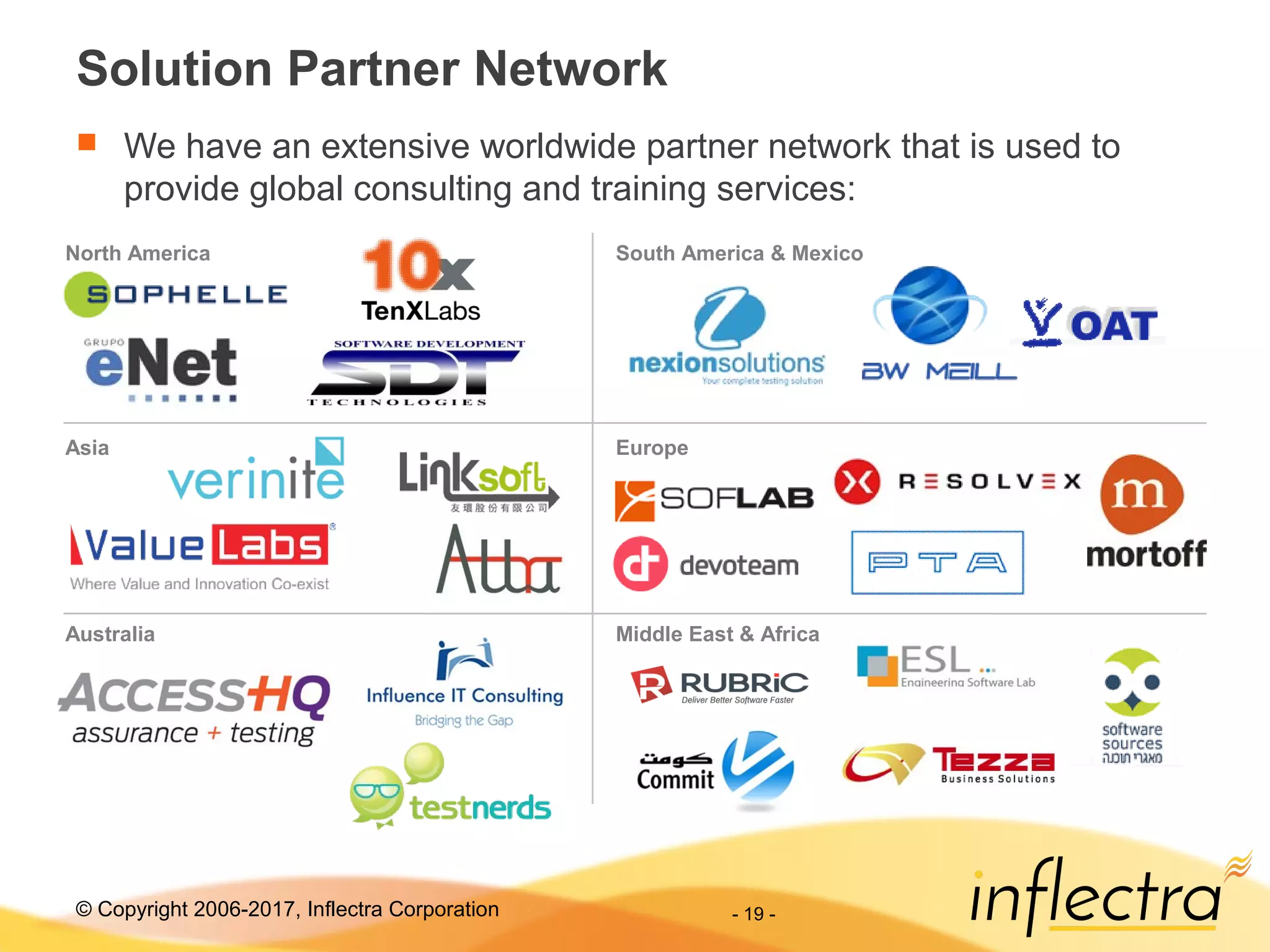© Copyright 2006-2017, Inflectra Corporation - 19 -
Solution Partner Network
 We have an extensive worldwide partner network that is used to
provide global consulting and training services:
North America
Asia
Australia
South America & Mexico
Europe
Middle East & Africa
 