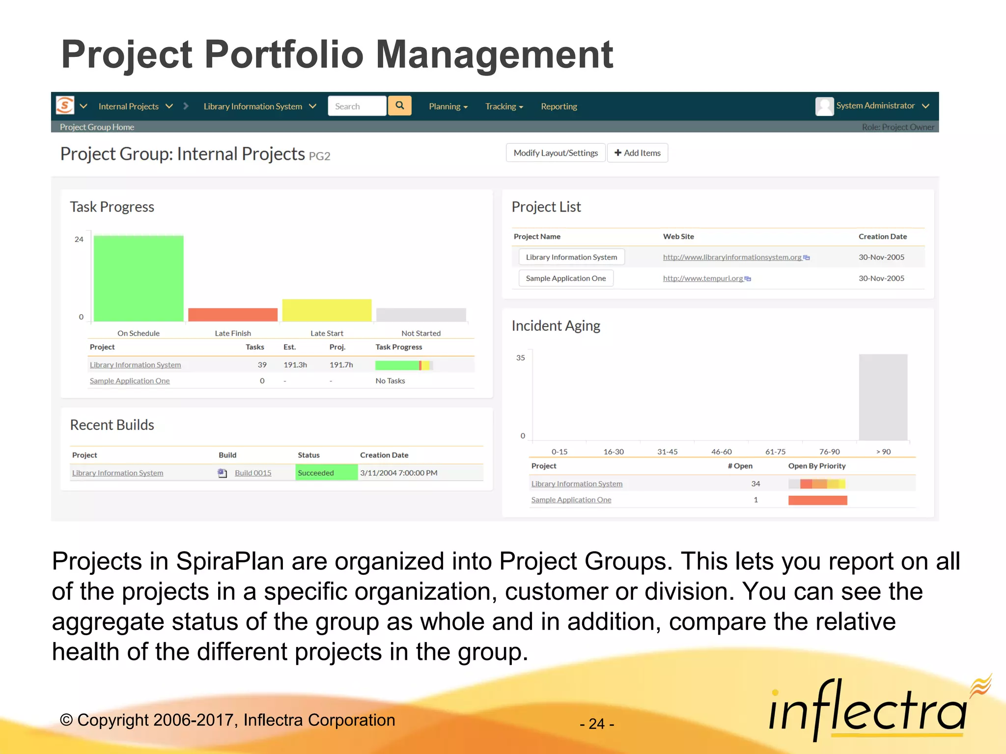 © Copyright 2006-2017, Inflectra Corporation - 24 -
Project Portfolio Management
Projects in SpiraPlan are organized into Project Groups. This lets you report on all
of the projects in a specific organization, customer or division. You can see the
aggregate status of the group as whole and in addition, compare the relative
health of the different projects in the group.
 