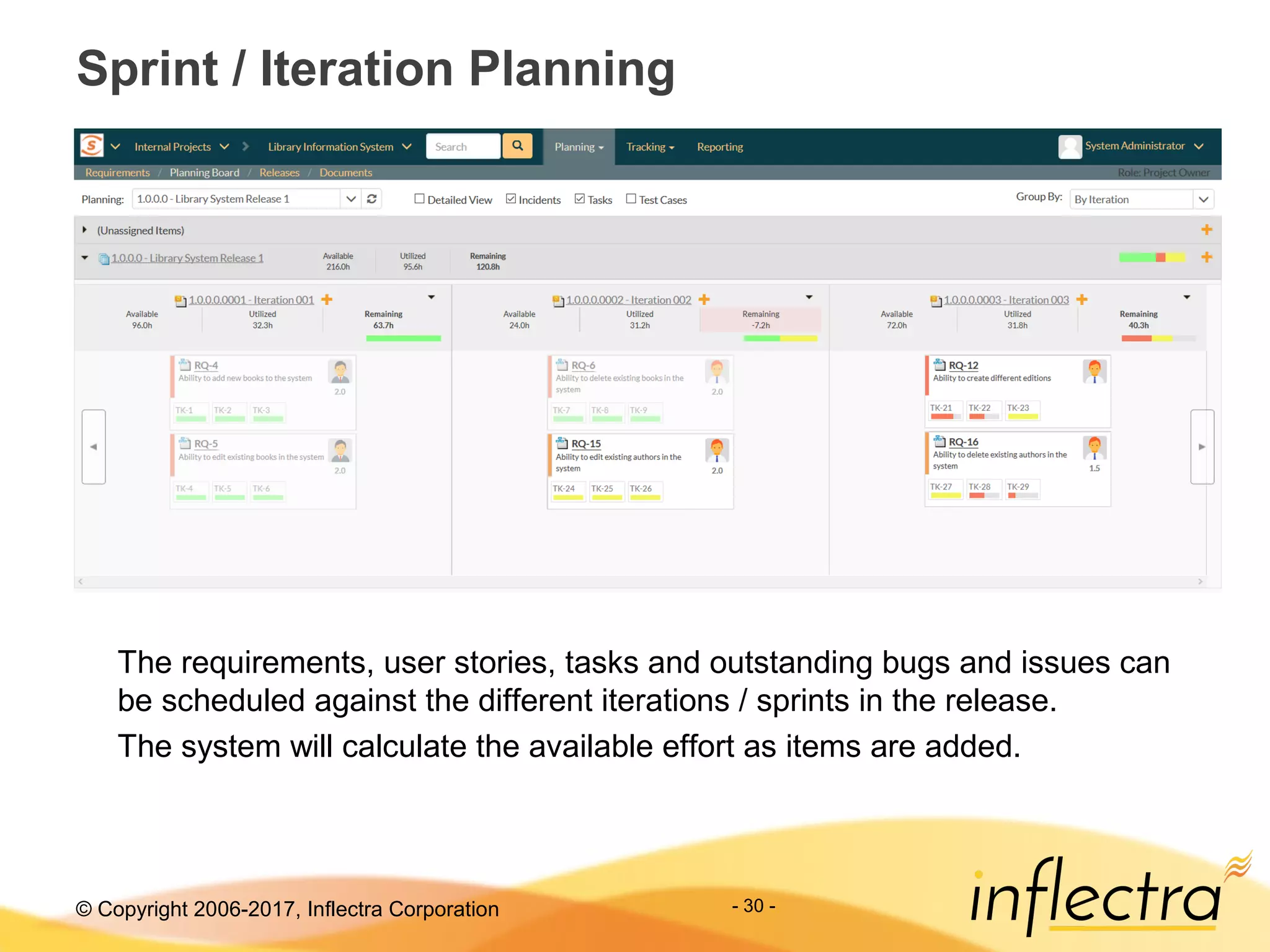 © Copyright 2006-2017, Inflectra Corporation - 30 -
Sprint / Iteration Planning
The requirements, user stories, tasks and outstanding bugs and issues can
be scheduled against the different iterations / sprints in the release.
The system will calculate the available effort as items are added.
 