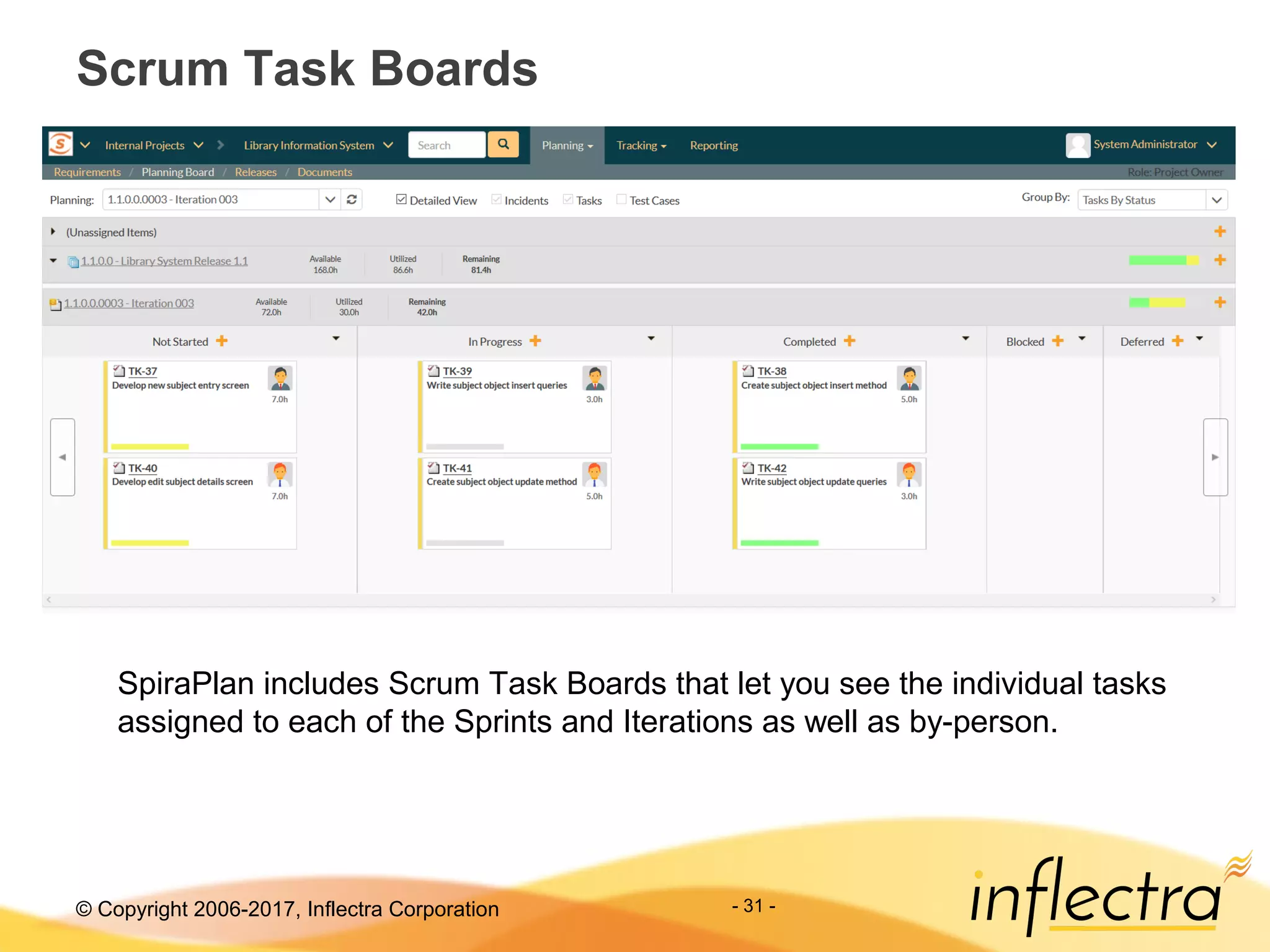 © Copyright 2006-2017, Inflectra Corporation - 31 -
Scrum Task Boards
SpiraPlan includes Scrum Task Boards that let you see the individual tasks
assigned to each of the Sprints and Iterations as well as by-person.
 