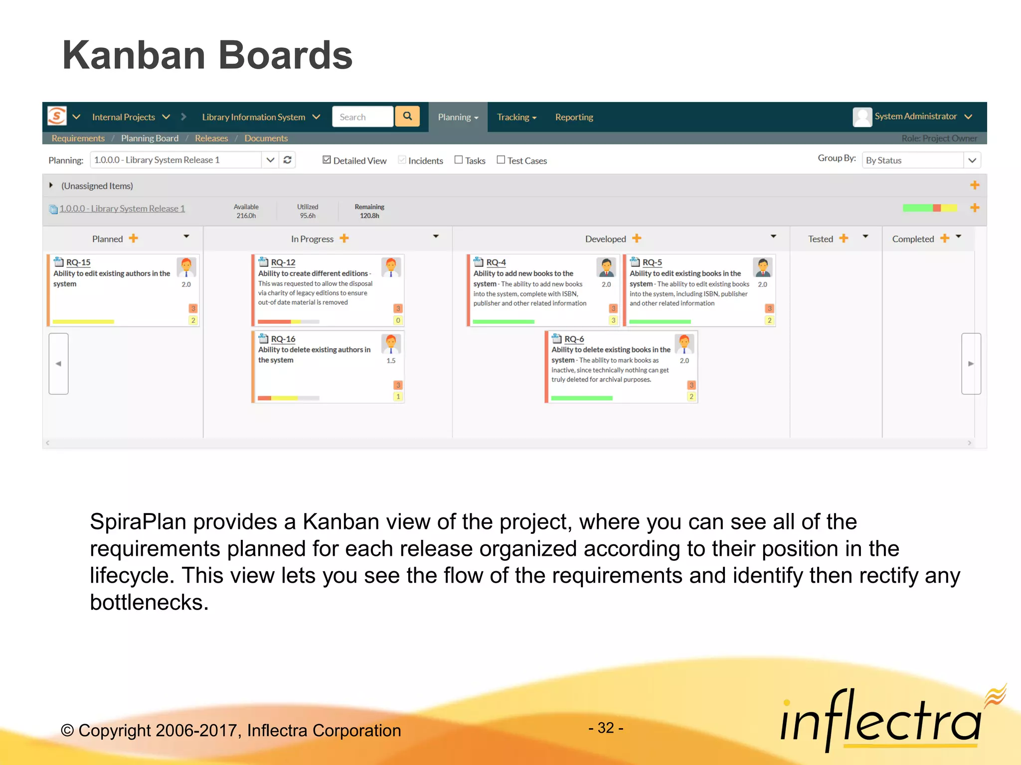 © Copyright 2006-2017, Inflectra Corporation - 32 -
Kanban Boards
SpiraPlan provides a Kanban view of the project, where you can see all of the
requirements planned for each release organized according to their position in the
lifecycle. This view lets you see the flow of the requirements and identify then rectify any
bottlenecks.
 