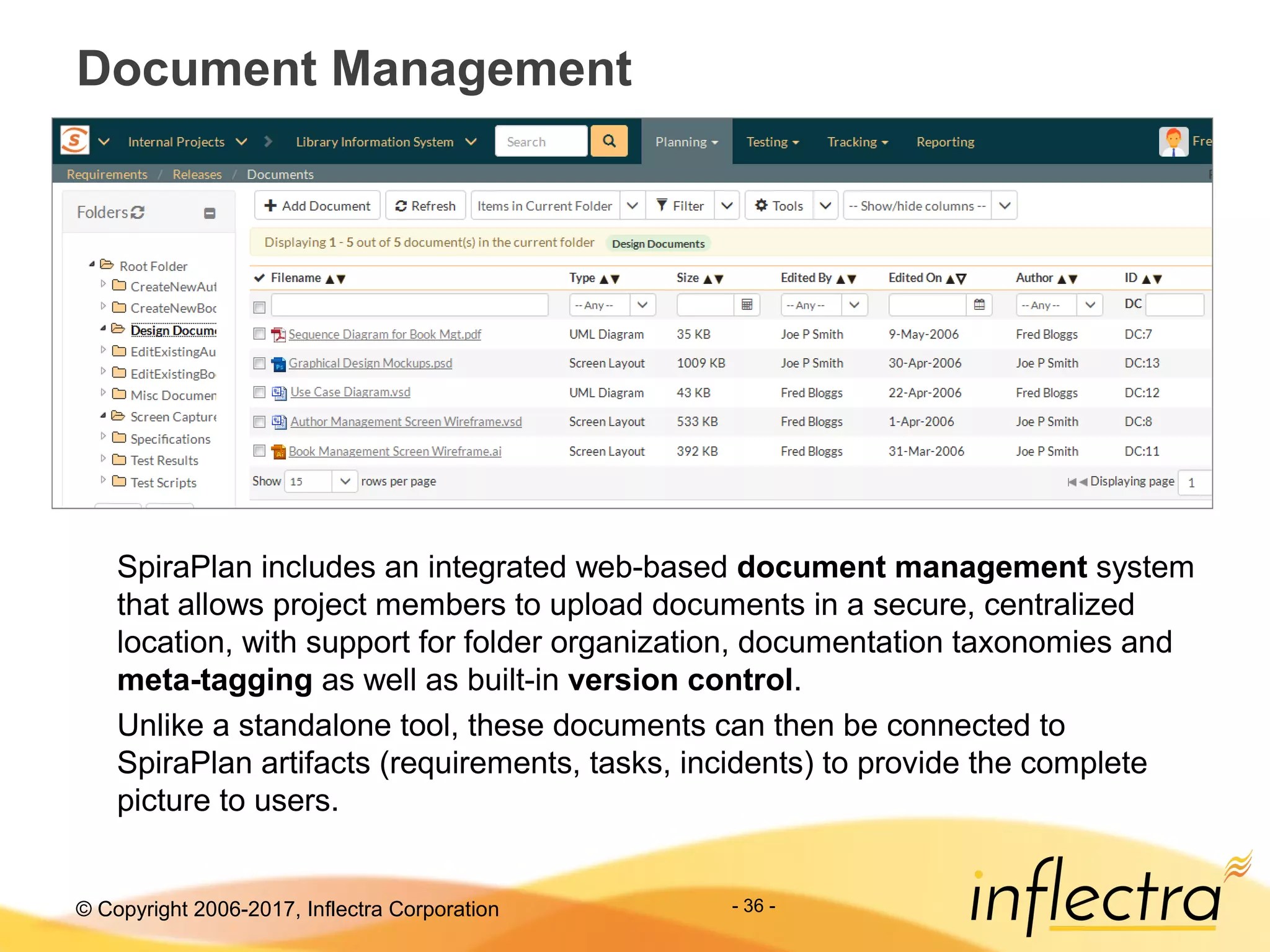 © Copyright 2006-2017, Inflectra Corporation - 36 -
Document Management
SpiraPlan includes an integrated web-based document management system
that allows project members to upload documents in a secure, centralized
location, with support for folder organization, documentation taxonomies and
meta-tagging as well as built-in version control.
Unlike a standalone tool, these documents can then be connected to
SpiraPlan artifacts (requirements, tasks, incidents) to provide the complete
picture to users.
 