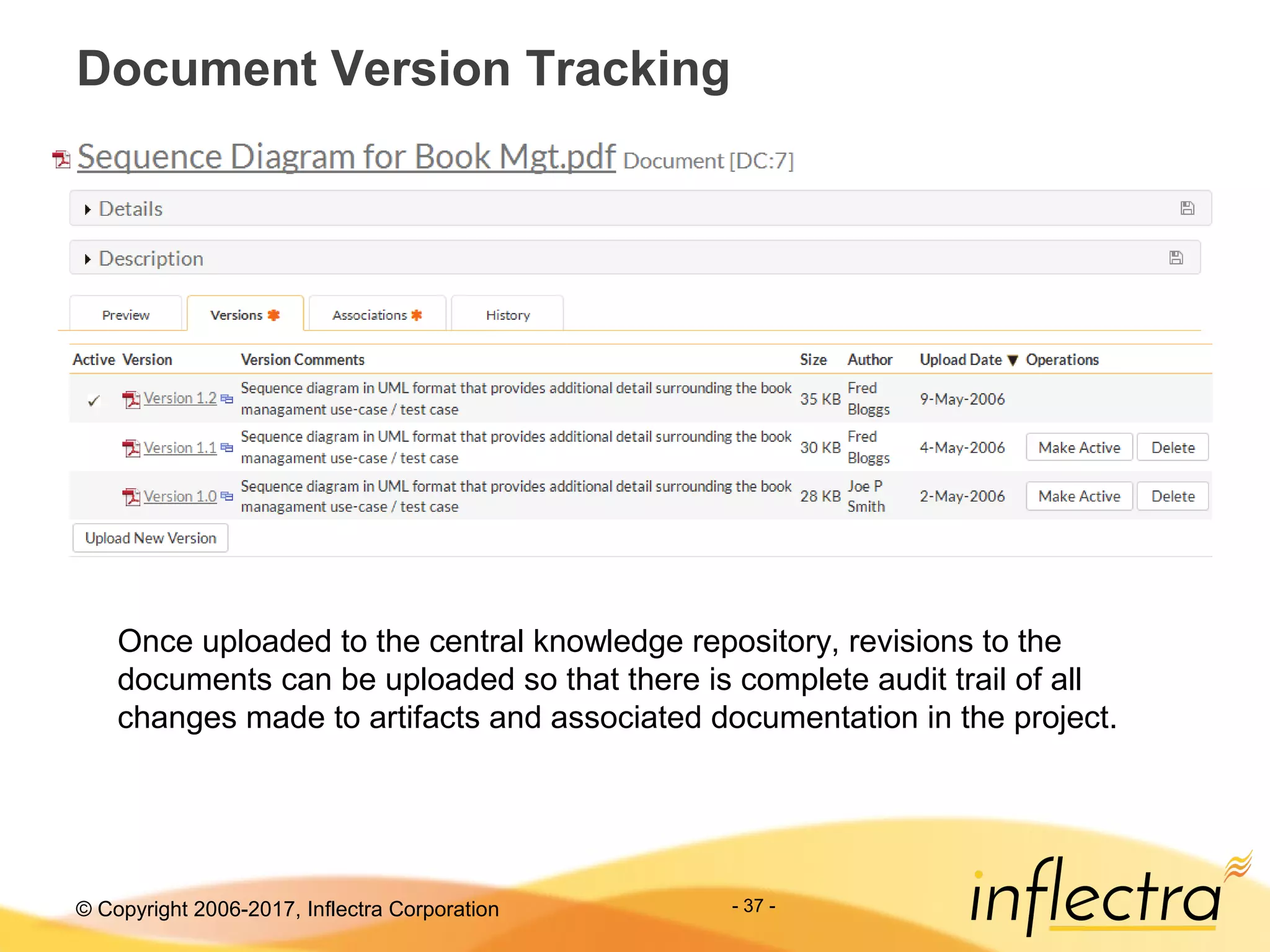 © Copyright 2006-2017, Inflectra Corporation - 37 -
Document Version Tracking
Once uploaded to the central knowledge repository, revisions to the
documents can be uploaded so that there is complete audit trail of all
changes made to artifacts and associated documentation in the project.
 