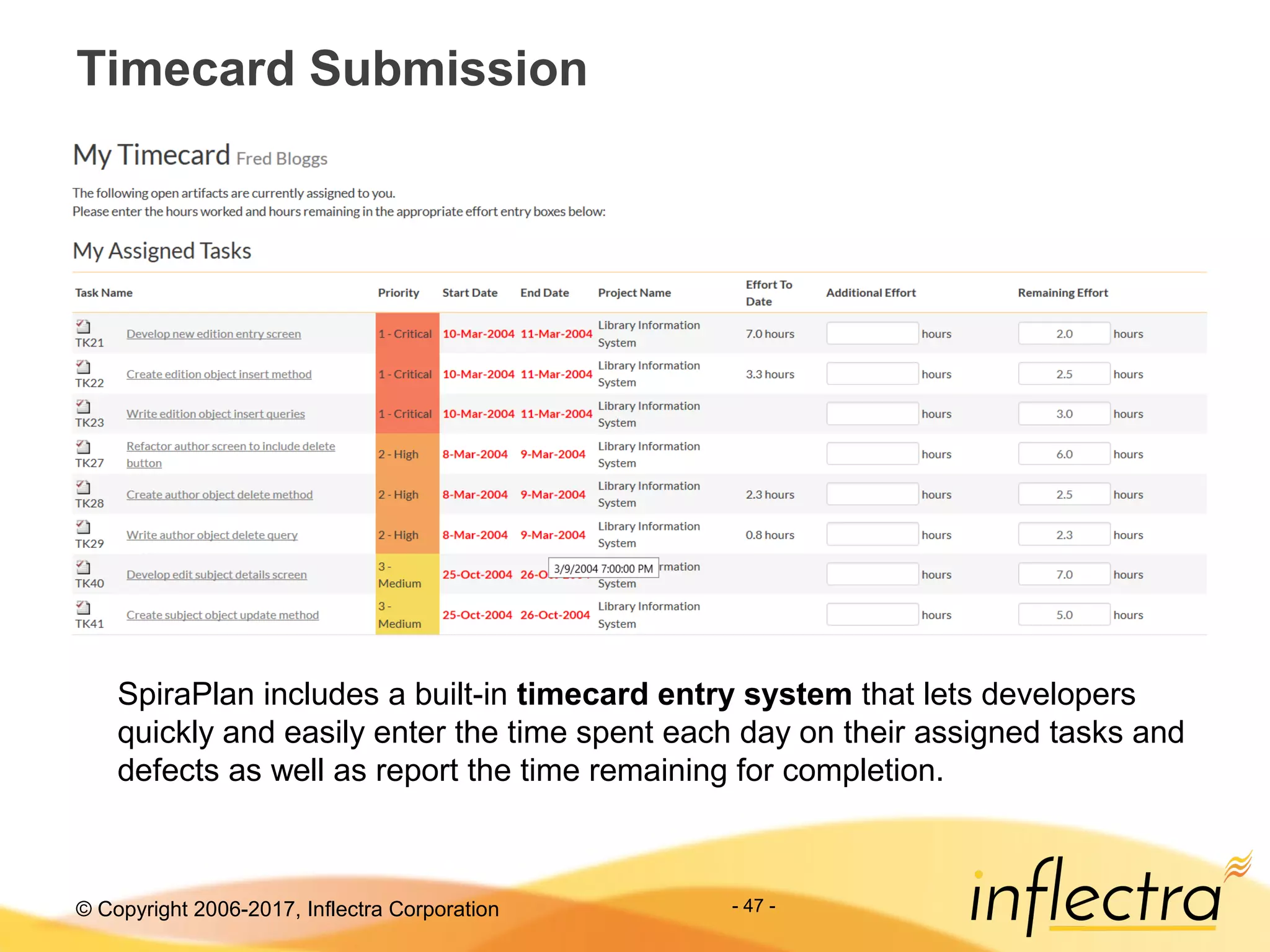 © Copyright 2006-2017, Inflectra Corporation
Timecard Submission
- 47 -
SpiraPlan includes a built-in timecard entry system that lets developers
quickly and easily enter the time spent each day on their assigned tasks and
defects as well as report the time remaining for completion.
 
