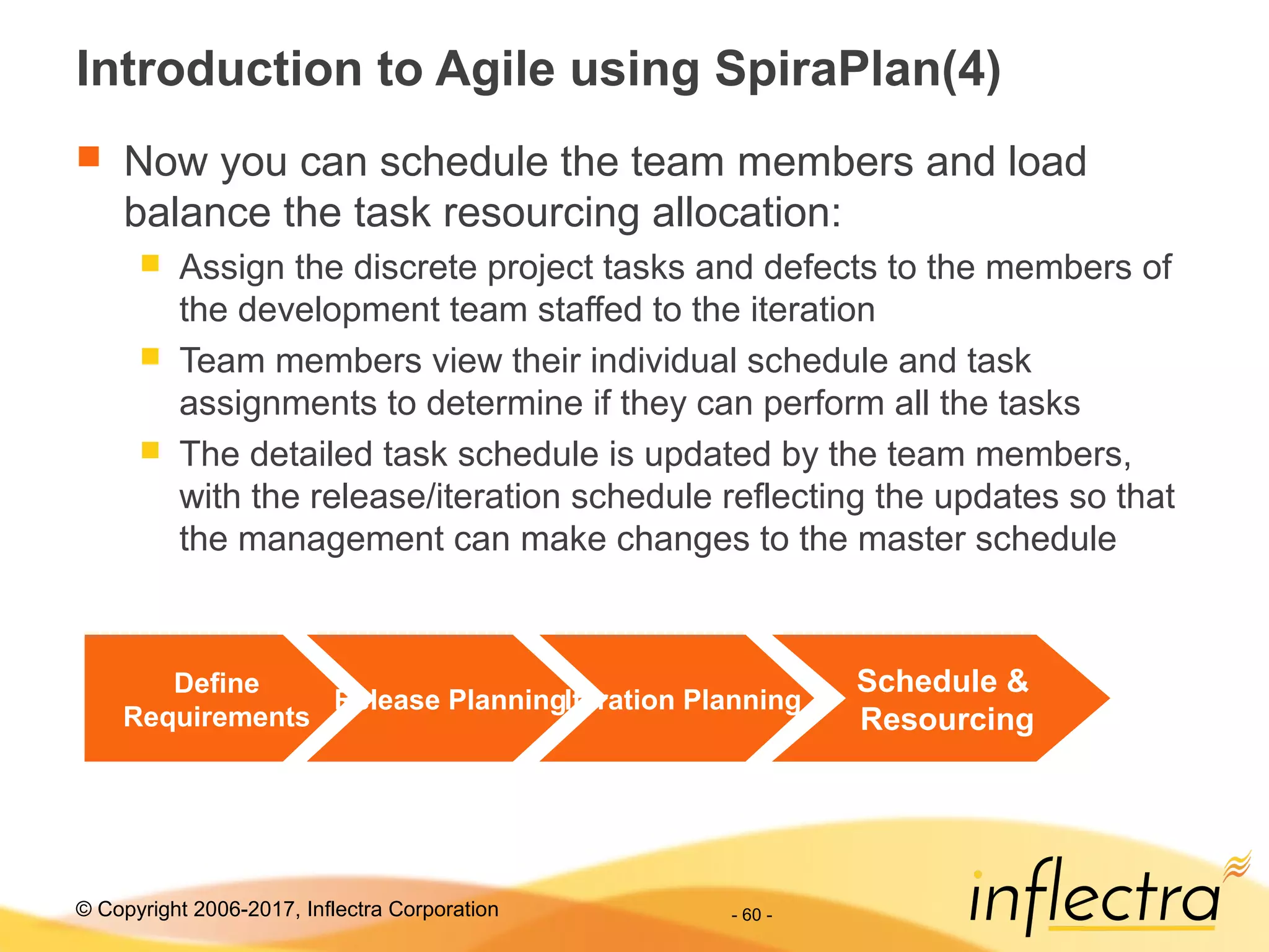 © Copyright 2006-2017, Inflectra Corporation - 60 -
Introduction to Agile using SpiraPlan(4)
 Now you can schedule the team members and load
balance the task resourcing allocation:
 Assign the discrete project tasks and defects to the members of
the development team staffed to the iteration
 Team members view their individual schedule and task
assignments to determine if they can perform all the tasks
 The detailed task schedule is updated by the team members,
with the release/iteration schedule reflecting the updates so that
the management can make changes to the master schedule
Define
Requirements
Release PlanningIteration Planning
Schedule &
Resourcing
 
