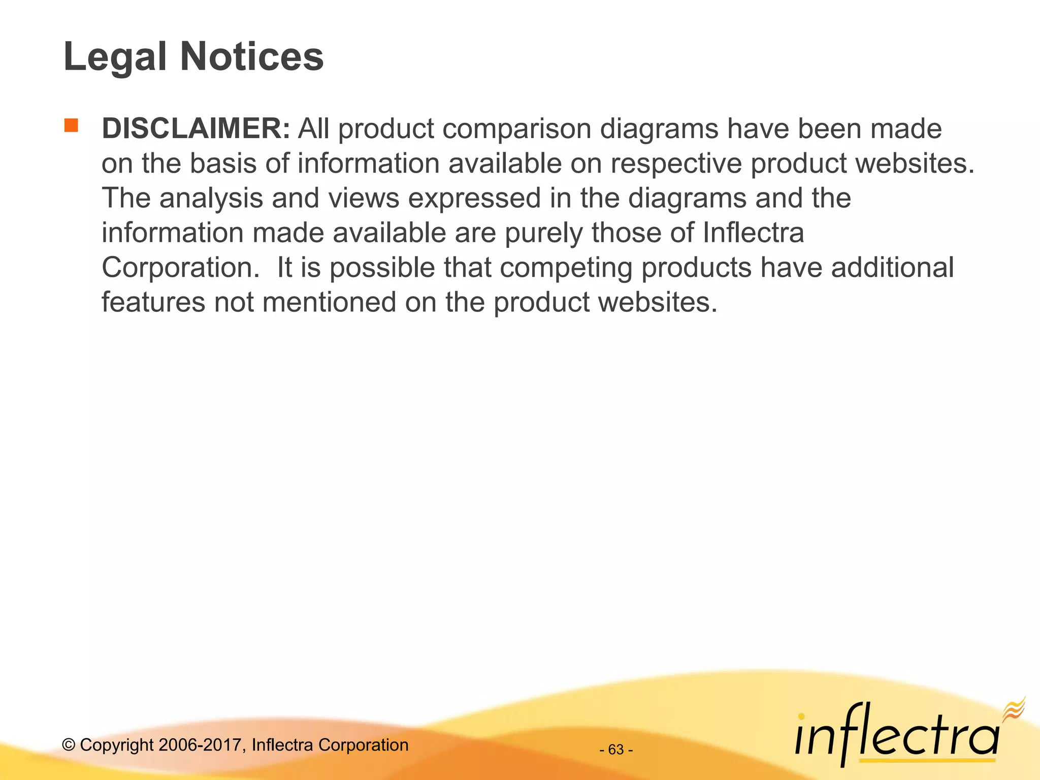 © Copyright 2006-2017, Inflectra Corporation - 63 -
Legal Notices
 DISCLAIMER: All product comparison diagrams have been made
on the basis of information available on respective product websites.
The analysis and views expressed in the diagrams and the
information made available are purely those of Inflectra
Corporation. It is possible that competing products have additional
features not mentioned on the product websites.
 