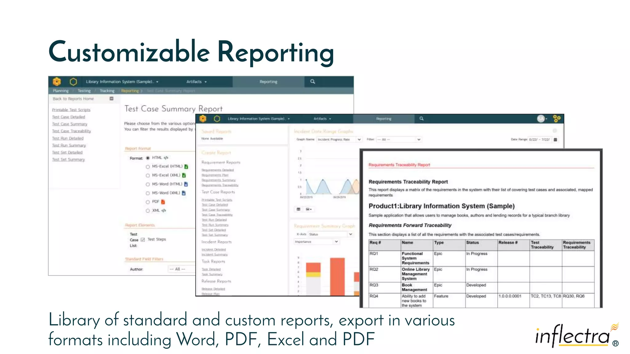 ®®
Customizable Reporting
Library of standard and custom reports, export in various
formats including Word, PDF, Excel and PDF
 