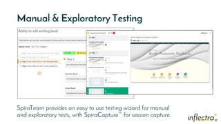 ®®
Manual & Exploratory Testing
SpiraTeam provides an easy to use testing wizard for manual
and exploratory tests, with SpiraCapture™ for session capture.
 